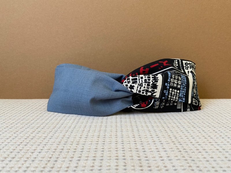 雙拼髮帶 / 黑墨日文報紙 - 灰藍 - 髮箍/髮帶 - 棉．麻 藍色