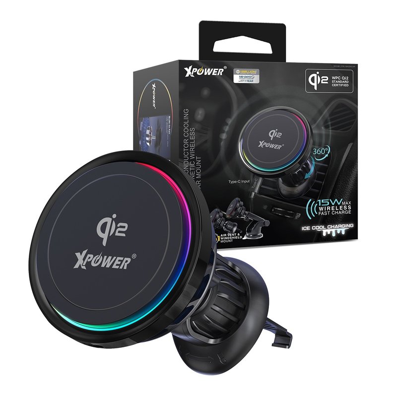 XPower MAGINCAR Qi2 15W半導體制冷MagCharge磁吸無線充電車支架 - 無線充電盤/板/座 - 其他金屬 黑色