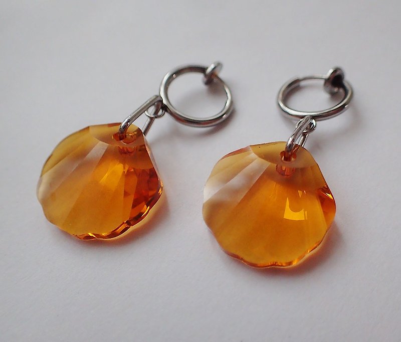 貝殼, 施華洛世奇元素 & 不鏽鋼 耳圈夾 耳環 (一對) - 耳環/耳夾 - 玻璃 橘色