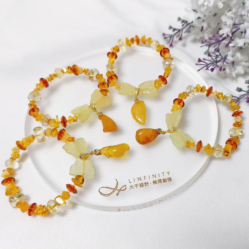 財石大集合 頂級 琥珀蜜蠟 黃水晶 黃岫玉 招財 手鍊 單品 禮物 - 手鍊/手環 - 寶石 黃色