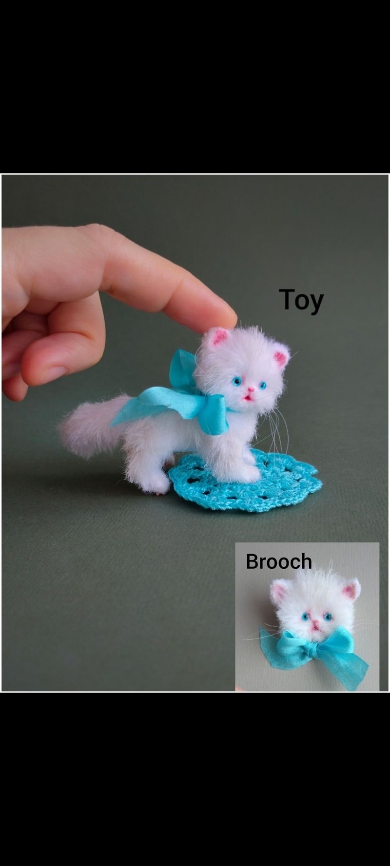 Set of miniature cat and brooch. White kitty . White kitten - Stuffed Dolls & Figurines - Other Materials White