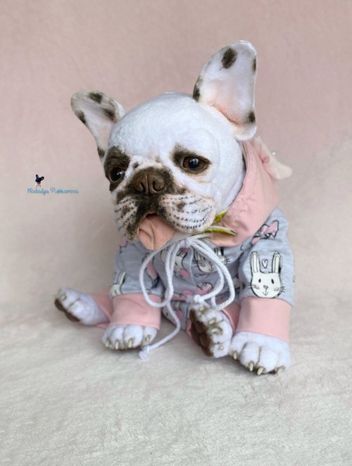 海外作家様作　アートドール　ブルドッグの子供 白赤のフレンチ ブルドッグの子犬、リアルなおもちゃ、ペットの