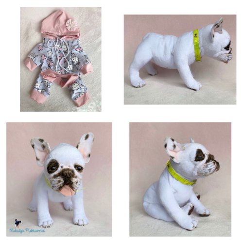 白赤のフレンチ ブルドッグの子犬、リアルなおもちゃ、ペットの