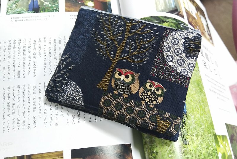 Dark Blue Japanese Owl Double Zipper Coin Purse Card Bag Storage Bag - Coin Purses - Cotton & Hemp Blue
