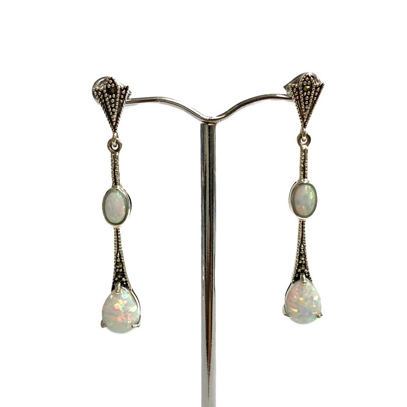 Art Deco Style Gilson Opal with Marcasite Long Drop Earrings 925 Sterling Silver - 耳環/耳夾/耳骨夾 - 純銀 銀色