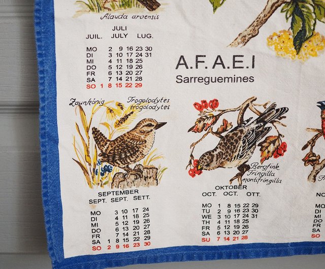 2007年 フランスヴィンテージ 鳥イラストカレンダー ティータオル/掛け