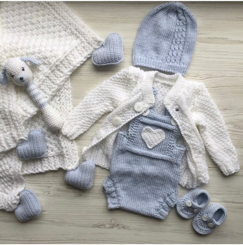 V.I.Angel Hand knit clothing set for baby boy. Sweater, hat, romper, booties, toy, blanket