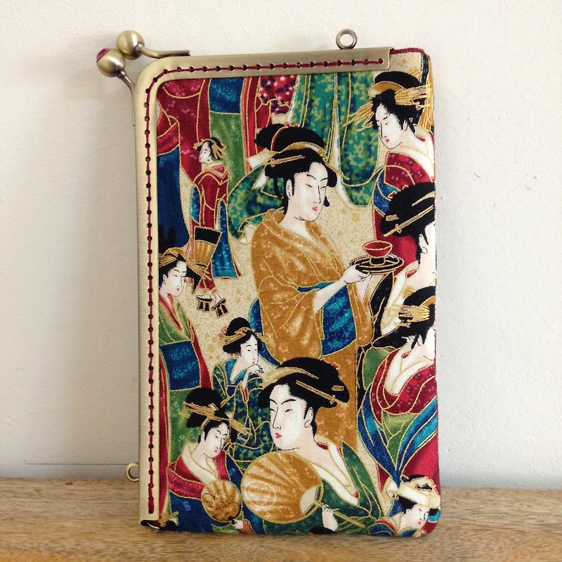 L型の携帯電話の袋の口の金のパッケージ浮世絵+ - 財布 - コットン・麻 レッド