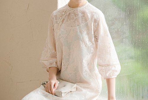 初蟬 新中式 改良旗袍蕾絲提花氣質優雅中國風連衣裙洋裝