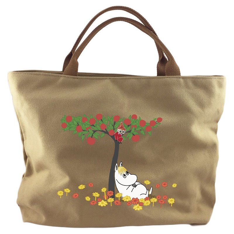 Moomin Moomin authorization - [zipper canvas bag - khaki] (large) - กระเป๋าถือ - ผ้าฝ้าย/ผ้าลินิน สีกากี