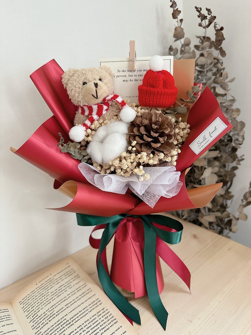 Christmas bear bouquet dry flower birthday gift Christmas pine cone cotton Christmas hat - Dried Flowers & Bouquets - Plants & Flowers Red