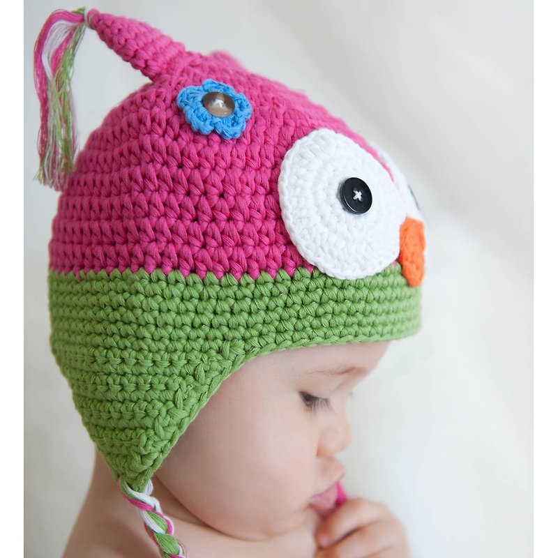 Cutie Bella手工編織帽Owl-Fuchsia/Lime - 嬰兒帽/髮帶 - 棉．麻 紅色