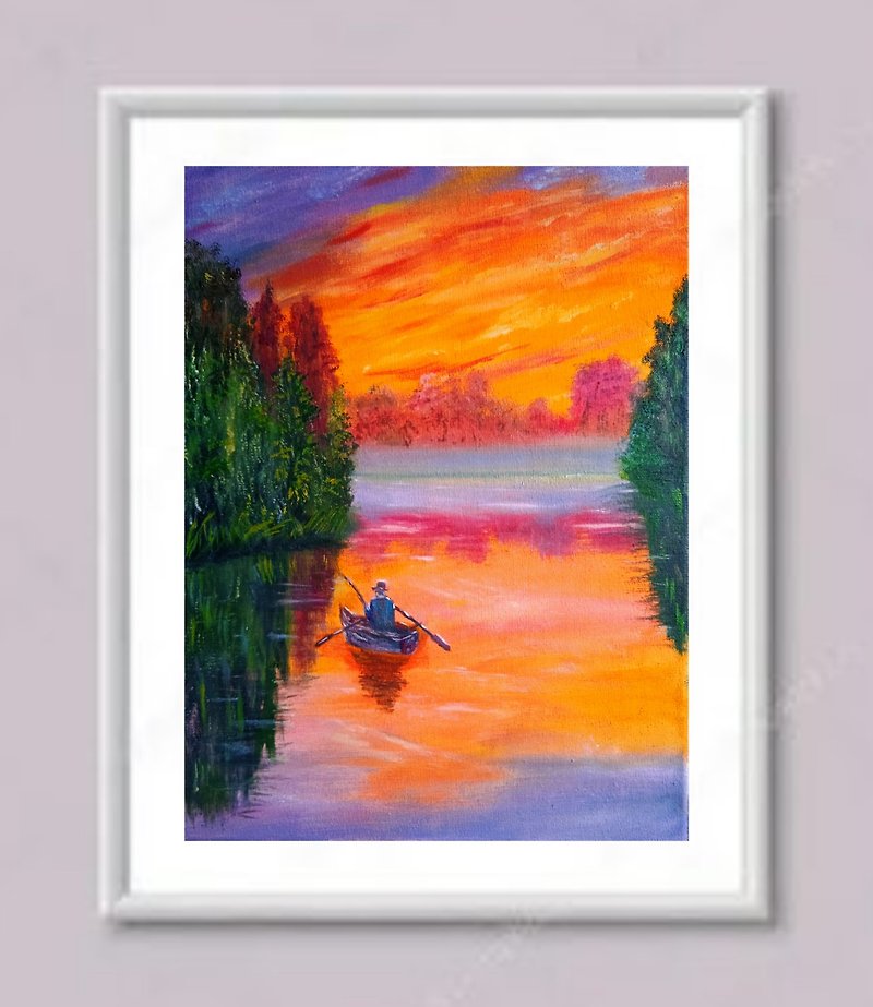 Oil painting, Fishing, Sunset on the river, fog on the river, canvas 30x40 cm - Wall Décor - Other Materials Multicolor