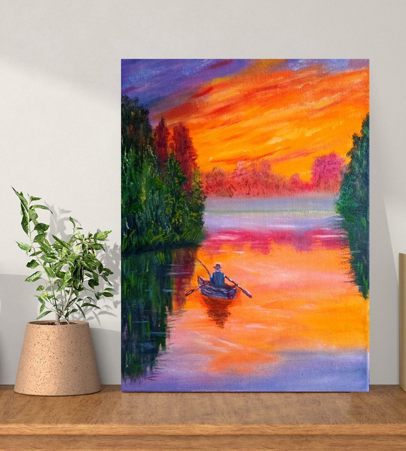 在画布上画小渔夫日落在河上30x40厘米 - 牆貼/牆身裝飾 - 其他材質 多色