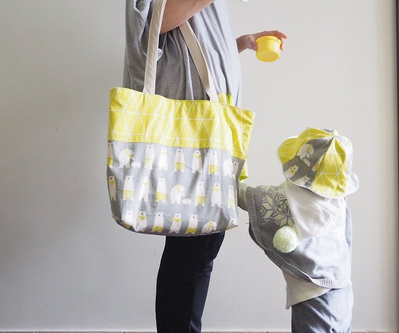 親子套裝 - 黃色北極熊圖案帆布袋及嬰兒/小童雙面全棉太陽帽子 - 彌月禮盒 - 棉．麻 黃色