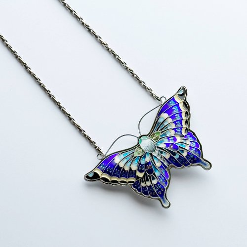 ビンテージ 中国七宝焼 ターコイズ SILVER 銀線細工 ブローチ 蝶モチーフ 蝶 【Sapphire】 七宝焼のブローチネックレス 純銀胎七宝