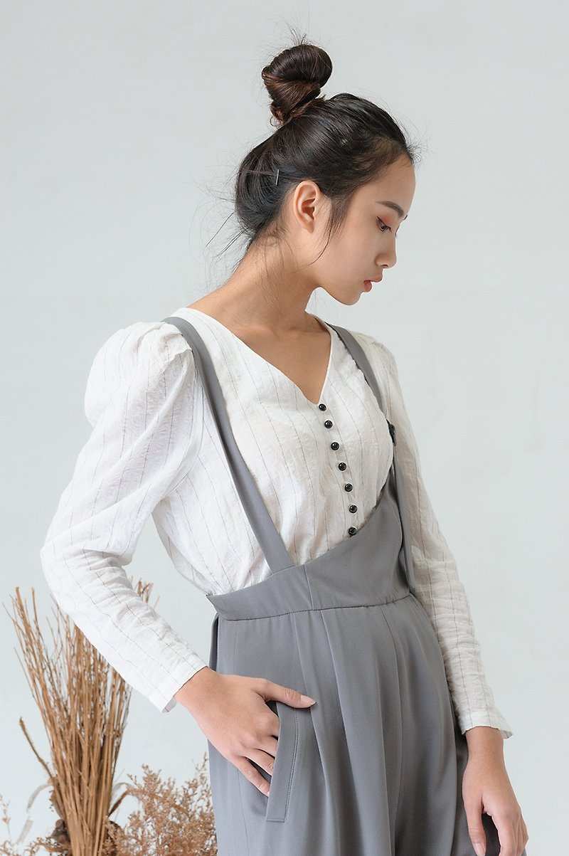 Minimalist V-neck Puff Sleeve Shortened Varying Length Top-1A12 - Women's Tops - Cotton & Hemp White