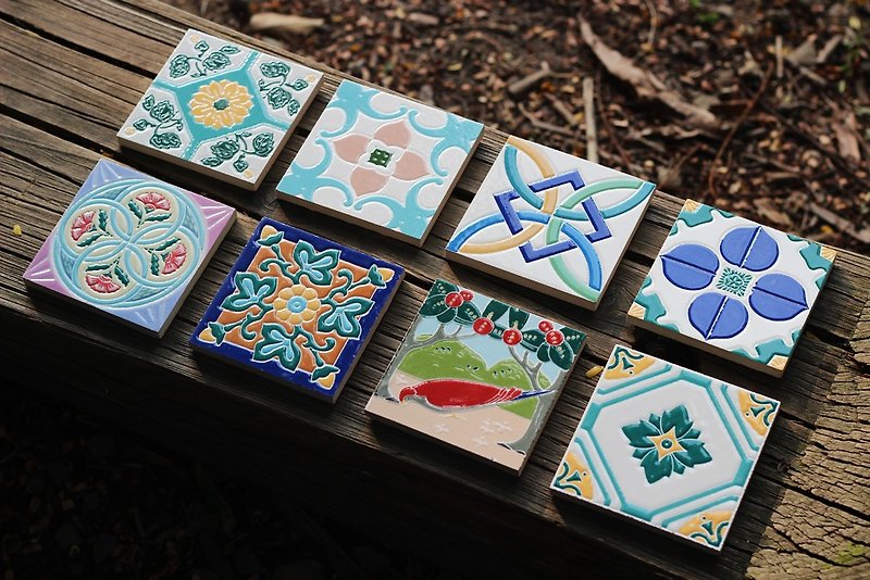 Taiwanese tile - 8 pieces (coaster, mural, tile) - Coasters - Porcelain Blue