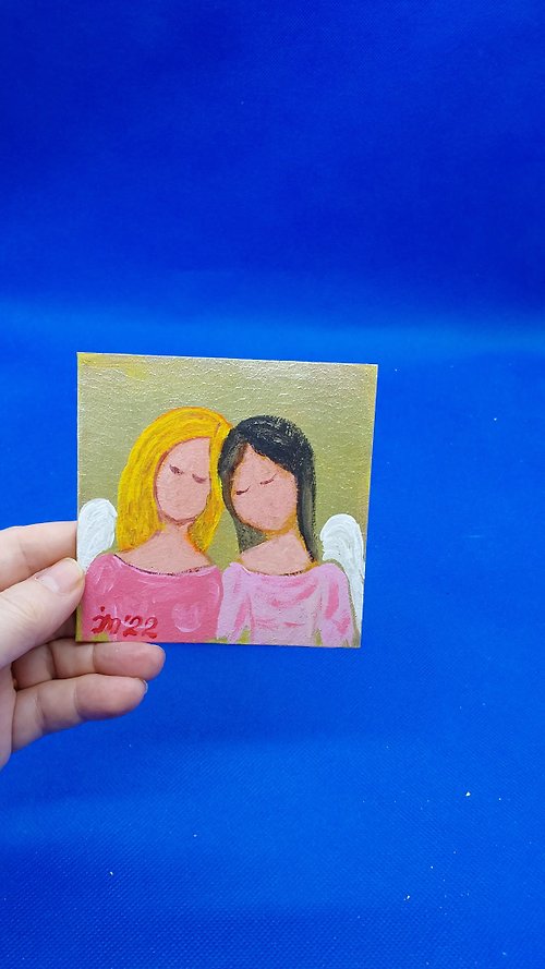 CosinessArt Angels Original Acrylic Painting Sisters Guardian Angel Handmade Wall Art