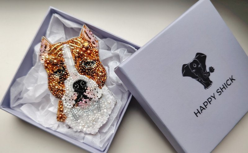 Staffordshire Terrier Dog pet portrait Jewelry brooch beaded, dog lover gift - 胸針 - 玻璃 多色