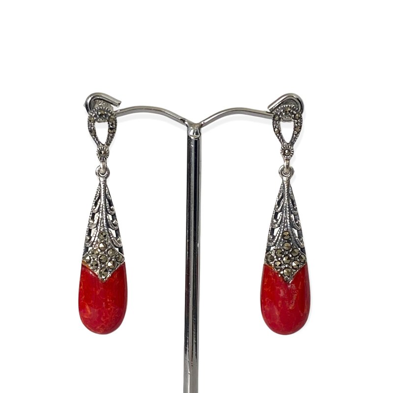 Art Deco Style Teardrop Red Coral and Marcasite Earrings/Set 925 Sterling Silver - 耳環/耳夾/耳骨夾 - 純銀 紅色