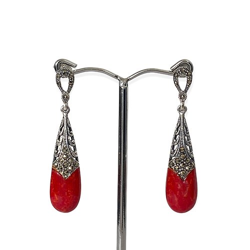 alisadesigns Art Deco Style Teardrop Red Coral and Marcasite Earrings/Set 925 Sterling Silver