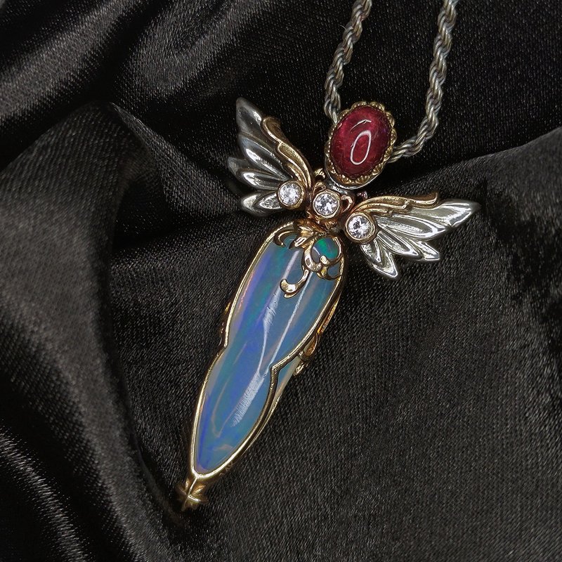 Angel Wings Sword Pendant - Opal, Rubellite, 14KYG.S925 - Necklaces - Gemstone Blue