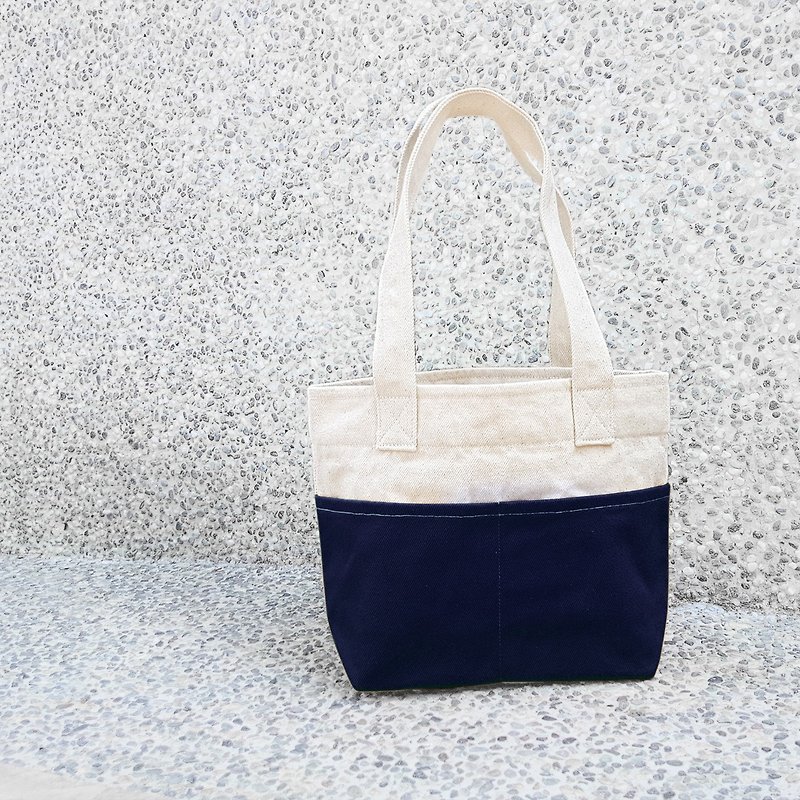 Thick canvas color double-pocket tote (shoulder bag / tote bag) - dark blue - กระเป๋าถือ - ผ้าฝ้าย/ผ้าลินิน สีน้ำเงิน