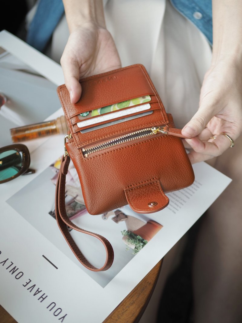Mary (Caramel) : Mini wallet, short wallet, cow leather, Brown-Orange, Zip pouch - 錢包/皮夾/長短夾 - 真皮 橘色