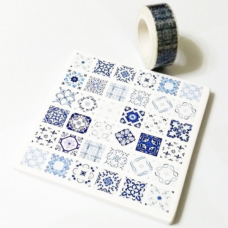 Masking Tape+Ceramic Cup Pad Blue & White Tiles - มาสกิ้งเทป - กระดาษ 
