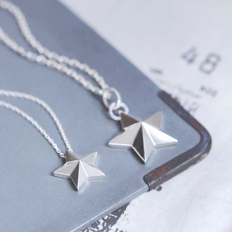 2 pieces set) 3D star pair necklace Silver 925 - สร้อยคอ - โลหะ สีเงิน