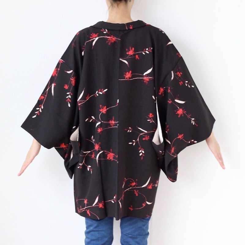 floral haori, haori jacket, kimono sleeve, haori kimono, kimono jacket /3721 - ジャケット - ポリエステル ブラック