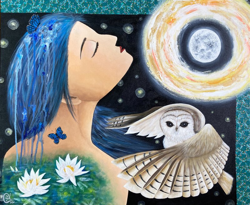 Original Moon&Woman Painting－ Immerse In The Radiance Of The Moon - ภาพวาดบุคคล - ผ้าฝ้าย/ผ้าลินิน หลากหลายสี