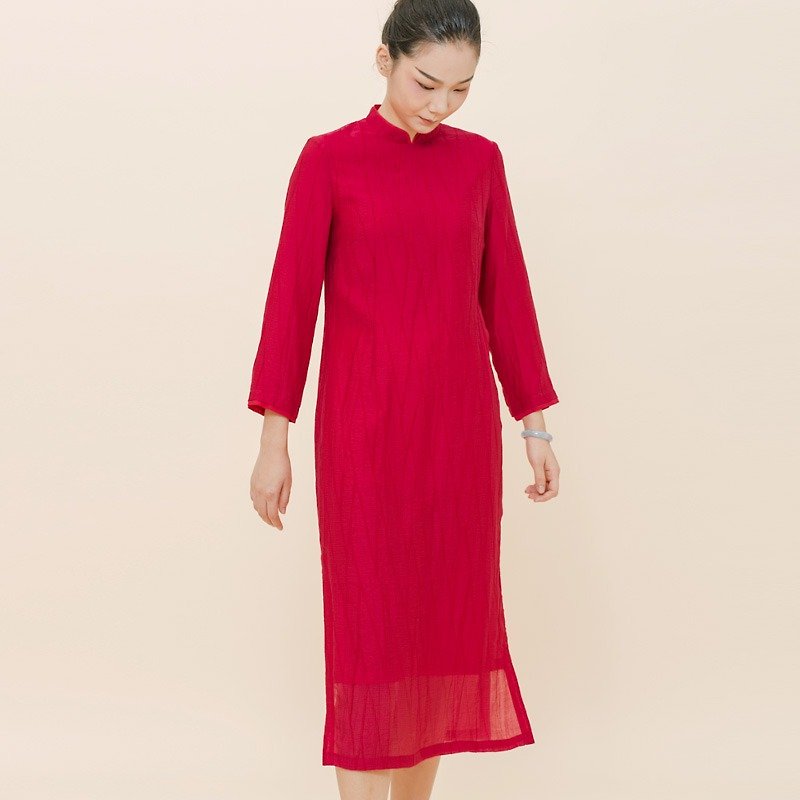 紅色改良旗袍裙 皺麻洋裝 中國風本命年 婚宴裙 胭脂紅 - 旗袍/改良式旗袍 - 棉．麻 紅色