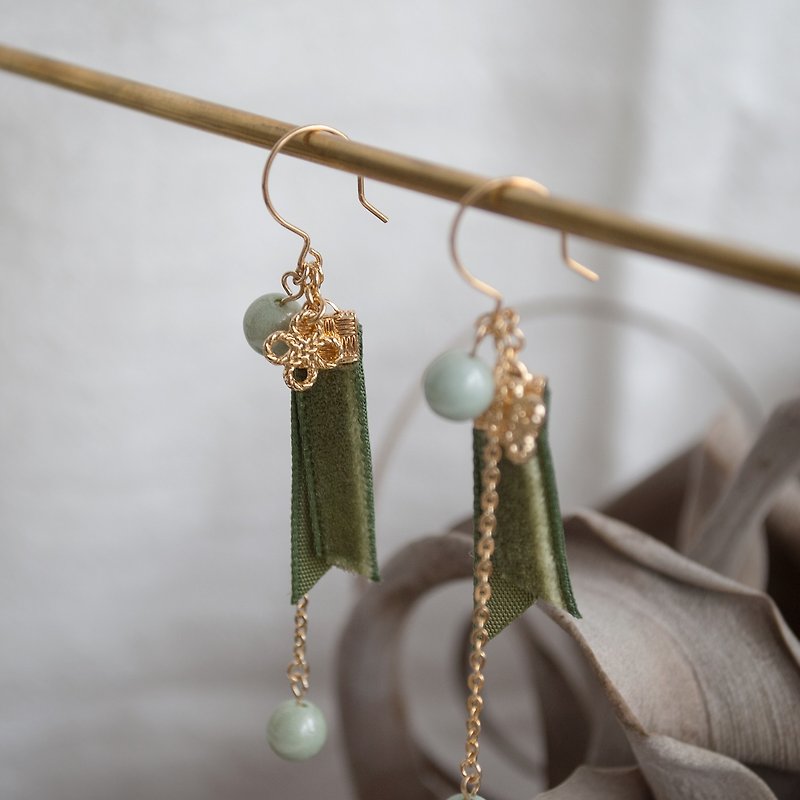 TeaTime / moss velvet earrings ear hooks - Earrings & Clip-ons - Other Materials Green