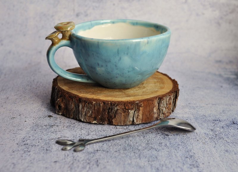 Mushroom mug ceramic 6oz, chanterelle cappuccino cup  180ml, small pottery mug. - 其他杯子 - 陶 藍色