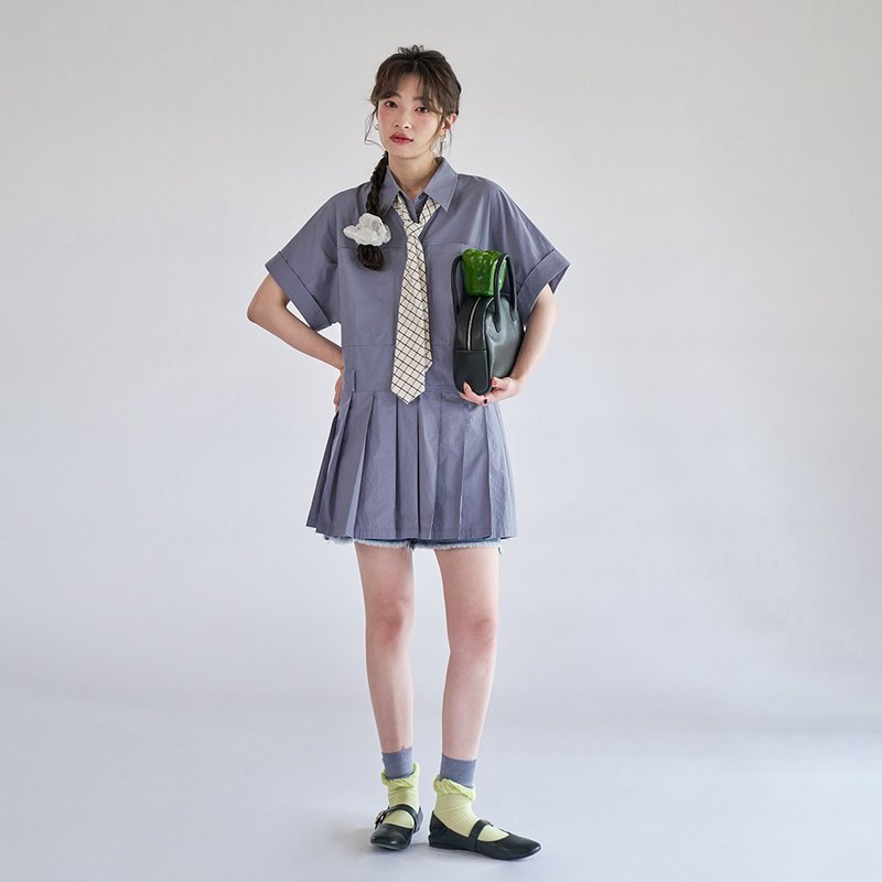 學院風百褶短款連衣裙|洋裝|兩色|春夏款|Sora-1193 - 洋裝/連身裙 - 棉．麻 多色