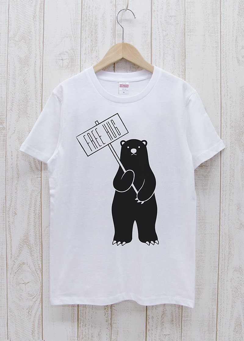 FREE HUG Guide Black Bear White / R012-T-WH - เสื้อฮู้ด - ผ้าฝ้าย/ผ้าลินิน ขาว