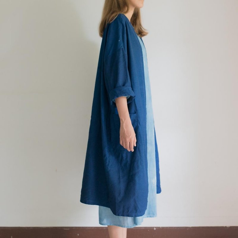 Midnight Vibes | Natural Linen deep blue dye indigo | Long Jacket - 外套/大衣 - 棉．麻 藍色