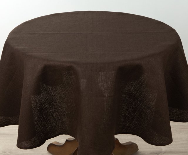 リネンラウンド ウォッシャブル テーブルクロス カラーブラウンD144 cm