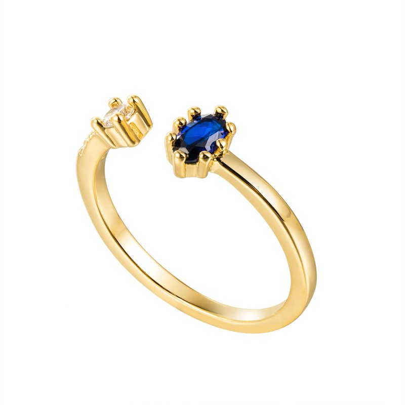 Blue open ring with zirconium diamond and 14k gold plated designer design - แหวนทั่วไป - ทองแดงทองเหลือง สีทอง