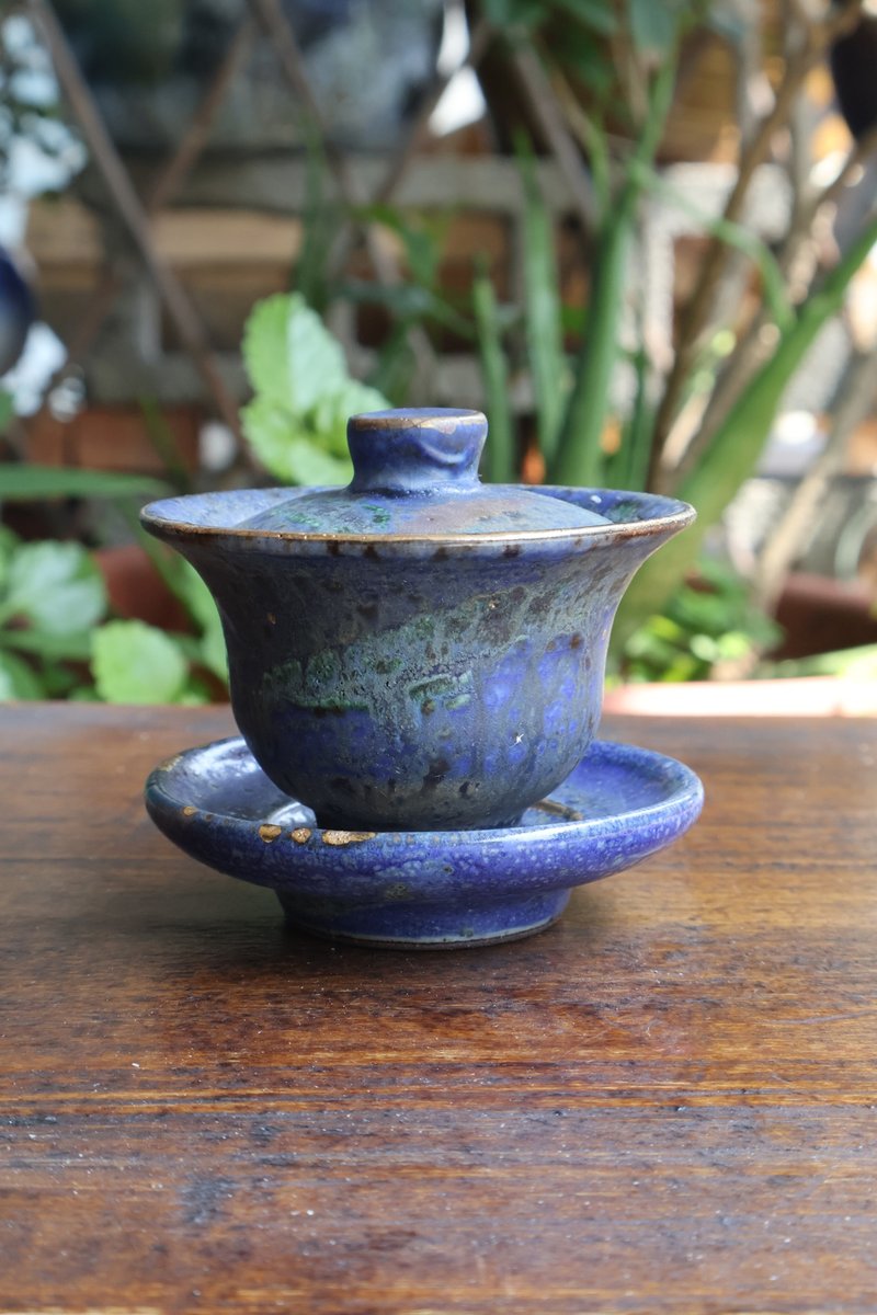 草木灰釉蓋碗杯-藍色-余華宇老師手作-容量約80c c - 茶壺/茶杯/茶具 - 陶 