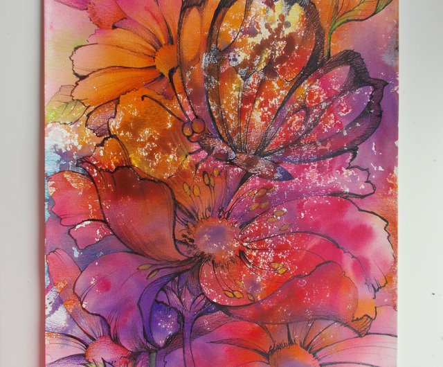 花の水彩画ピンクの花オリジナル水彩画農家の装飾 - ショップ