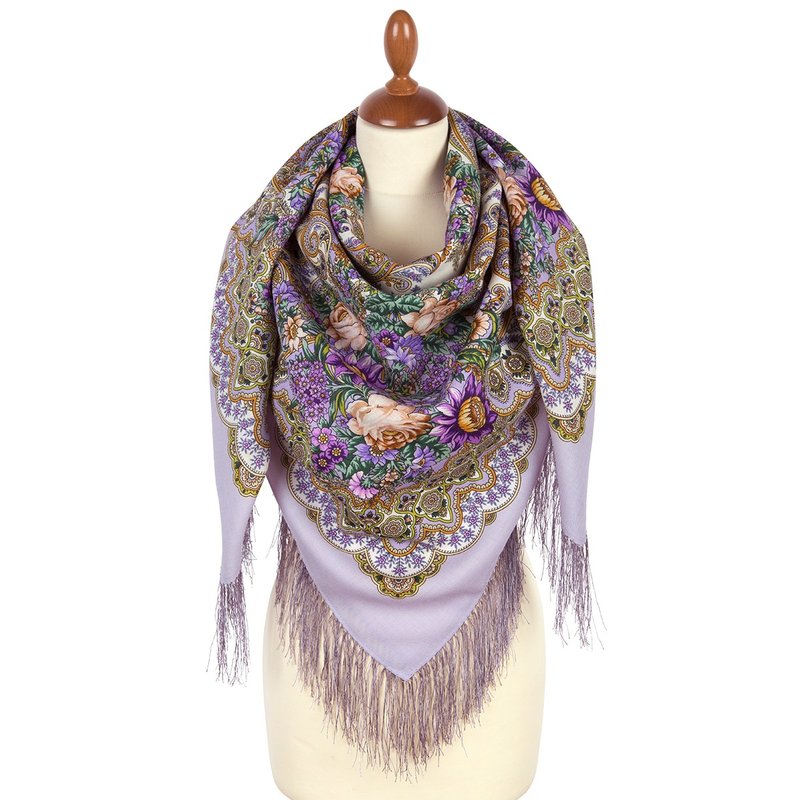 Pavlovo Posad Russian Shawl 100% Wool Scarf 125x125 cm Wrap Silk Fringe 2105-1 - 絲巾 - 羊毛 紫色