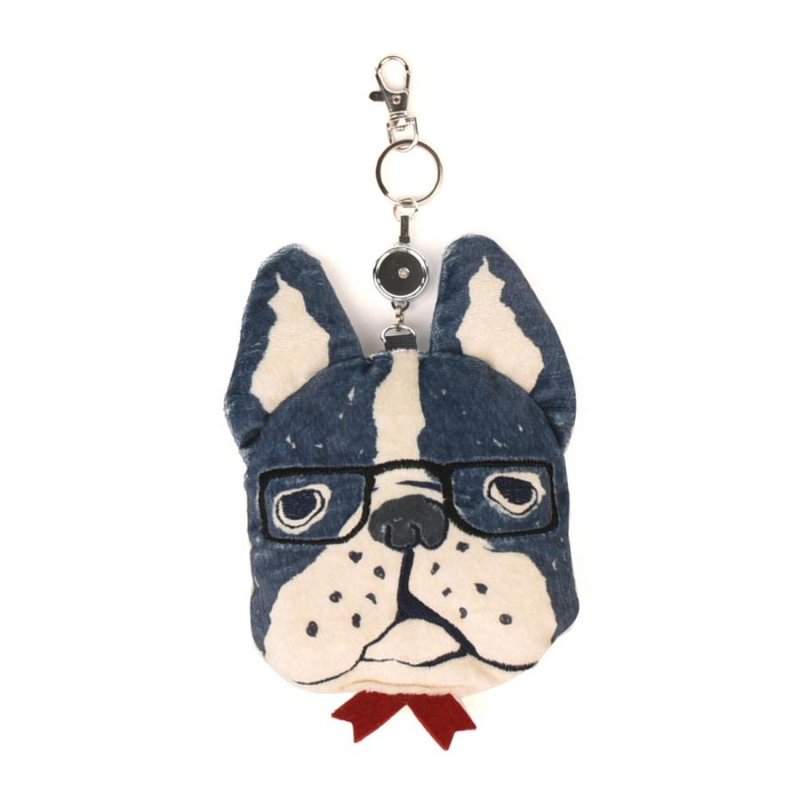 Kusuguru Japan 票卡夾 刺繡絨毛立體鬥牛犬造型 伸縮卷線票卡包 - 零錢包/小錢包 - 聚酯纖維 藍色