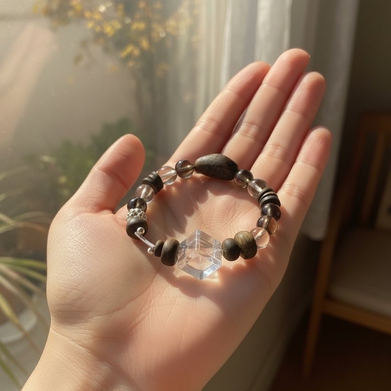 棋楠沉香水晶設計款 - 手鍊/手鐲 - 木頭 咖啡色