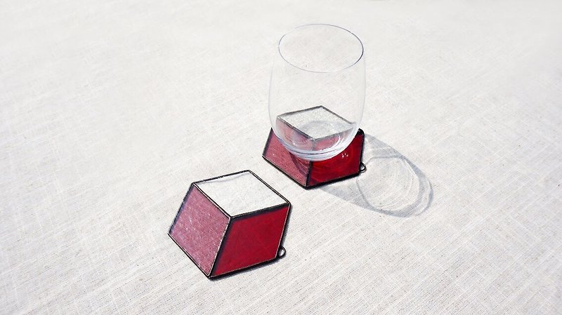 Positive and negative space-hexagonal red coaster storage mat hanging glass inlaid - ที่รองแก้ว - แก้ว สีแดง
