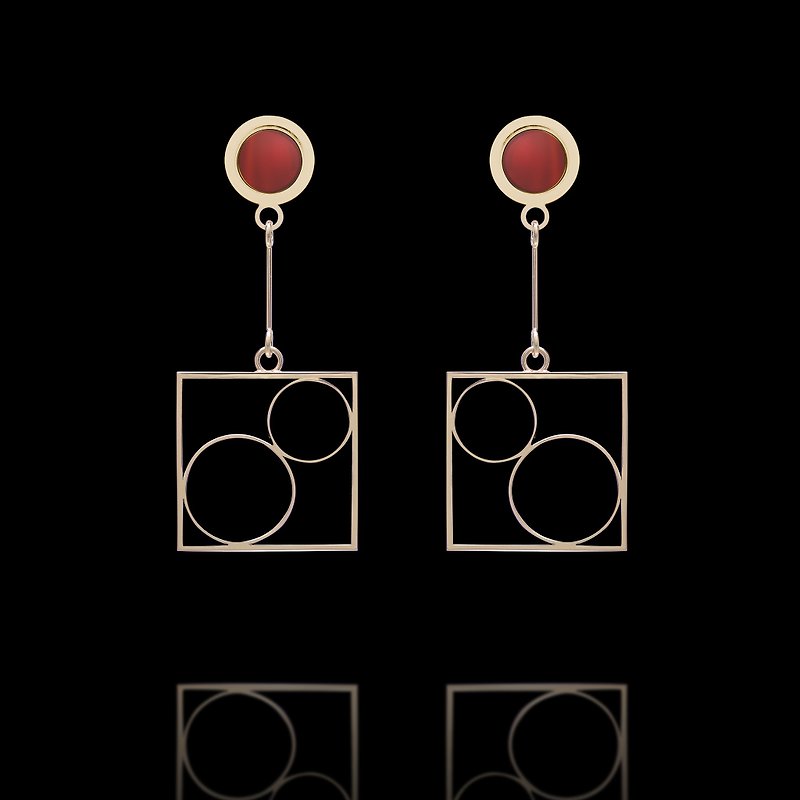 Pendant Geometric Natural Stone Earrings_New Year Lucky Carnelian Style (Free Clip-On service provided) - ต่างหู - เครื่องเพชรพลอย สีแดง