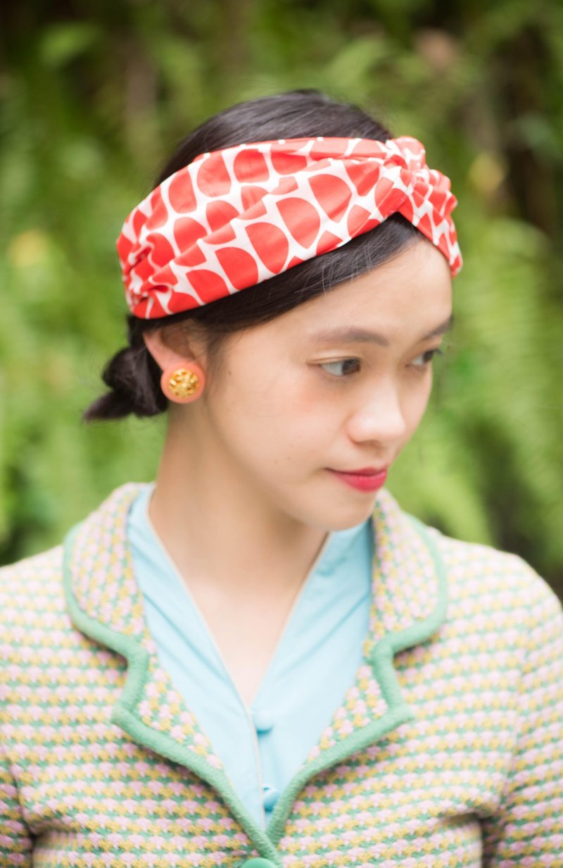 ターバンヘッドバンドワイドフープヘッドバンドファ - レトロな70年代のパターンコットン - オレンジ - ヘアアクセサリー - コットン・麻 レッド