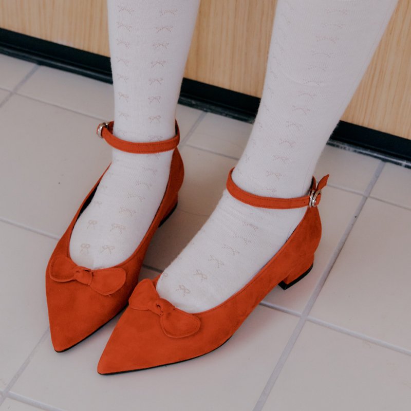 belted ribbon strap flat Lipstick Red - 女皮鞋 - 真皮 紅色